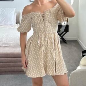 House of Harlow x Revolve Beige Polka Dot Off the Shoulder Mini Dress Sz Medium